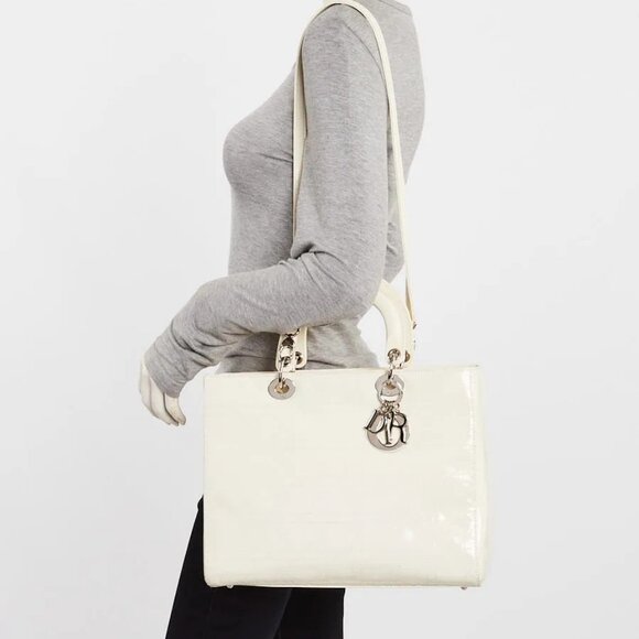 Christian Dior Dark White Cannage Quilted Patent Leather Large Lady Dior Bag - Picture 3 of 12